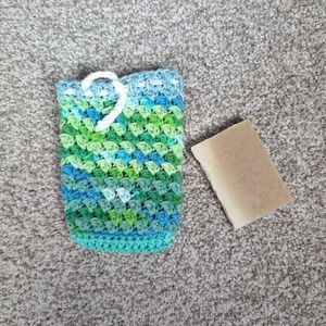 Handmade Crochet Soap Saver Pouch Exfoliating Mesh Bag Blue Green Ombre
